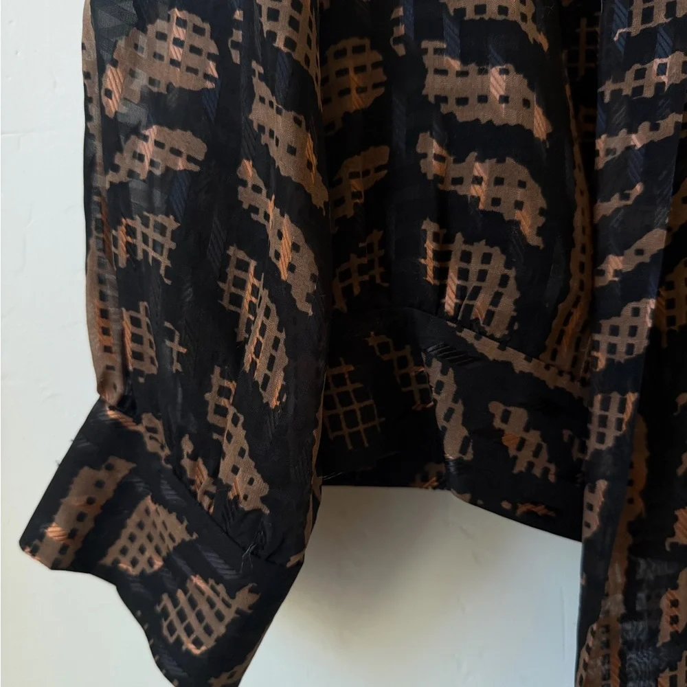 Tory Burch Silk Blend Printed Tie Neck Blouse Black Brown Size 12